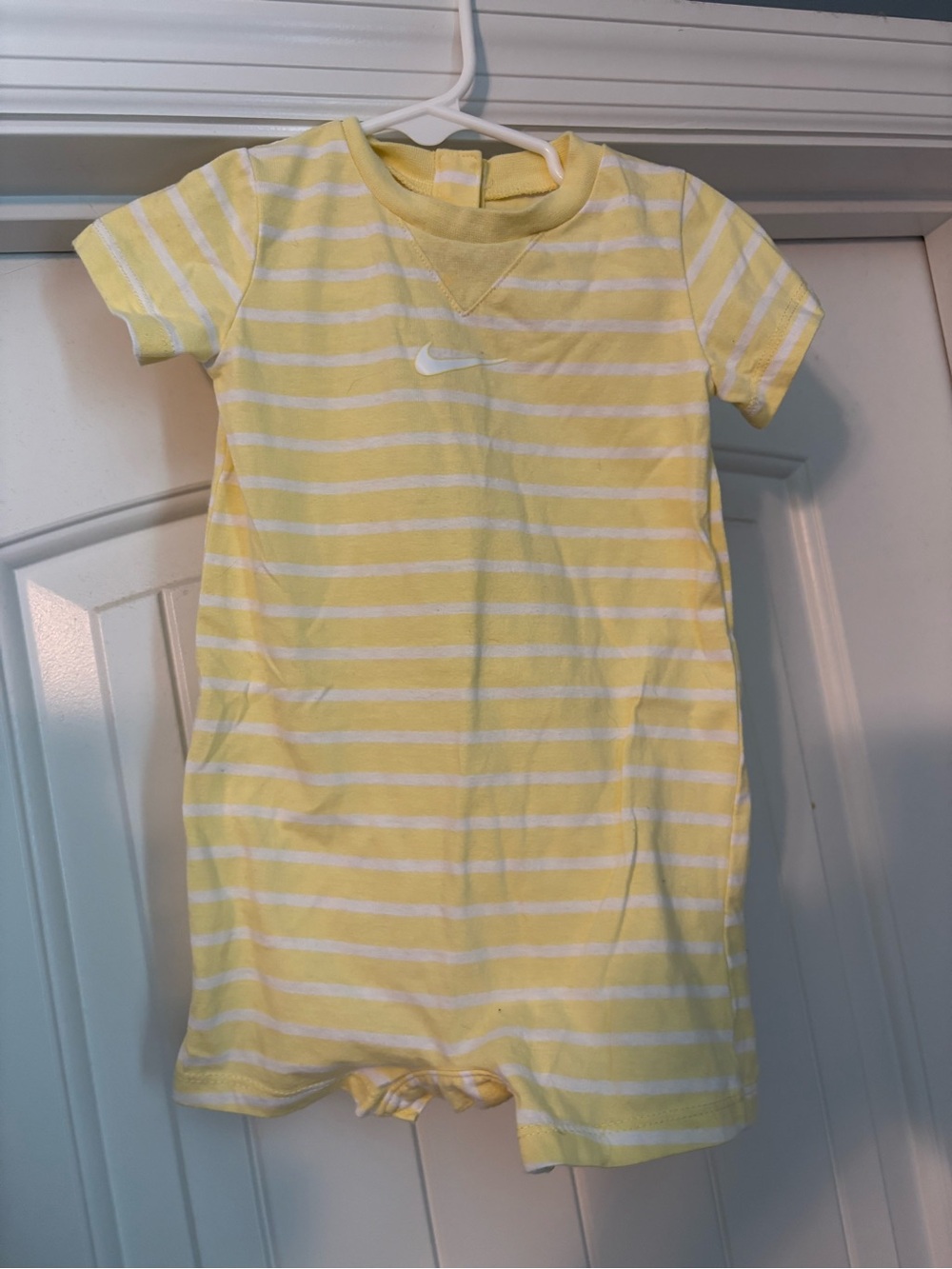 Nike Yellow and White Striped Baby Short-Sleeve Romper 9M